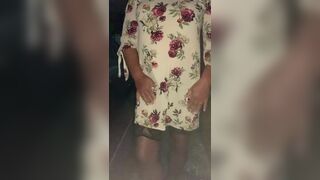 Horny driveway wank in black stockings panties heels