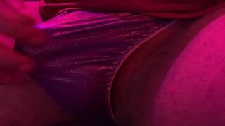 Panty Cum in a Purple Satin Thong - 1 image