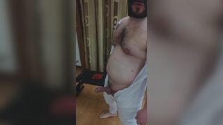Masked Bear - Fat Chubby Daddy in Onesie Playing with Hard Cock, Big Tits and Belly - 15 image
