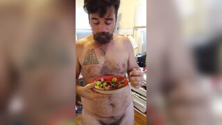 Naked salad toss: eating and hanging out with my dogs