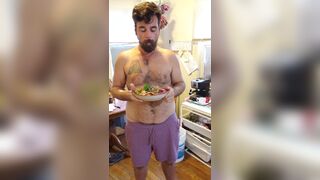 Naked salad toss: eating and hanging out with my dogs