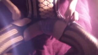 Purple thong with fishnet bodysuit and fleshlight fuck XXX cumshot xxxprecumdrip 8 inch uncut cock crossdresser orgasm - 2 image