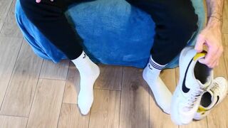 Jerk off my huge cock and bust my cum while watching porn with my white socks. - 2 image