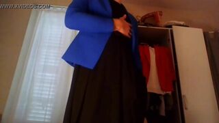 Young amateur cross dresser secretary teasing and masturbating in red hot trench, sexy blue blazer and beautiful black dress - 2 image