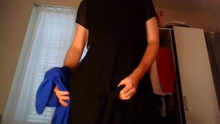 Young amateur cross dresser secretary teasing and masturbating in red hot trench, sexy blue blazer and beautiful black dress - 3 image