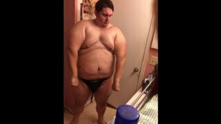 Large Sexy Chubster Flexes and Jacks off in Front of Bath Mirror - 1 image