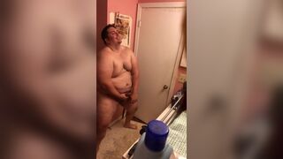 Large Sexy Chubster Flexes and Jacks off in Front of Bath Mirror - 3 image