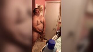 Large Sexy Chubster Flexes and Jacks off in Front of Bath Mirror
