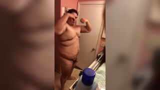 Large Sexy Chubster Flexes and Jacks off in Front of Bath Mirror - 4 image