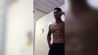 Fit Muscle Oriental Man wanks and Cums on his sexy abs - 1 image