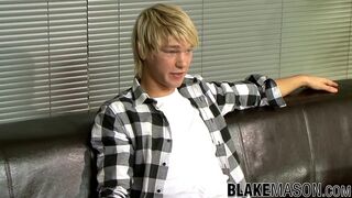 Golden-Haired British twink Jesse jerking off solo after interview - 2 image