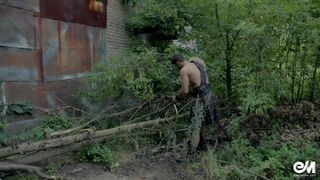 Cute Shirtless Stud in Scottish Kilt Playing with Jock after Hard Work