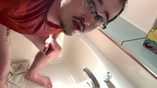 Queer Cumslut Makes Water & Cums in his own Face Hole! Gargling self Facial! - 5 image