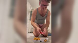 Cucumber ass to mouth and eating nuggets with cum and piss