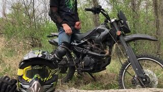 Handsome BIKER while riding a MOTORCYCLE in the forest JERKS OFF and CUMS in public - 14 image