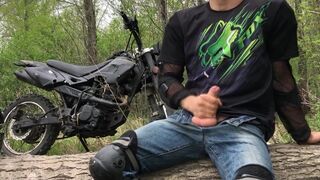 Handsome BIKER while riding a MOTORCYCLE in the forest JERKS OFF and CUMS in public - 8 image