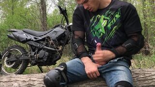 Handsome BIKER while riding a MOTORCYCLE in the forest JERKS OFF and CUMS in public - 9 image