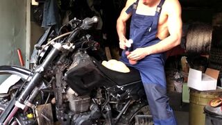 A Russian MECHANIC repairs a MOTORCYCLE in the garage and gets excited and FUCKS a silicone ass - 8 image