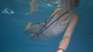 Naked swim and cum with metal cockring and plug