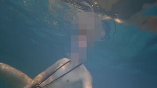Naked swim and cum with metal cockring and plug
