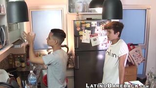 Kitchen bareback session with Latino twink and his friend - 1 image