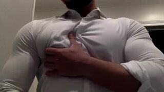 Ripping my White Shirt while Flexing my Big Muscle Pecs and Biceps - 1 image
