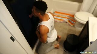 gloryhole of young guy takes a big load in his ass in an apartment bareback - 1 image