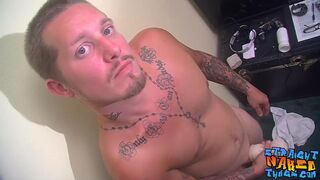 Straight stud with sexy tatts making his hard cock spray cum - 1 image
