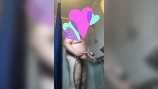 Fat man in shower, small cock cum