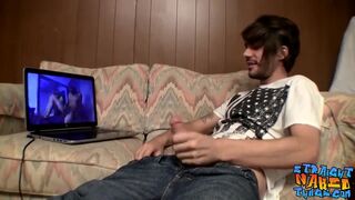 Skinny straight thug jerks off while watching internet porn - 2 image