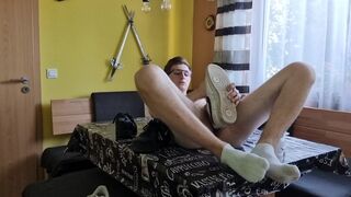 Inexperienced boy having fun at the dining table with sneakers - 11 image