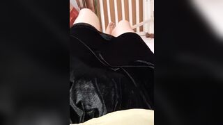 Sweating and cumming wearing woman blouse and satin velvet skirt