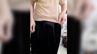 Sweating and cumming wearing woman blouse and satin velvet skirt - 3 image