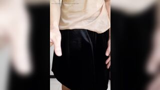 Sweating and cumming wearing woman blouse and satin velvet skirt