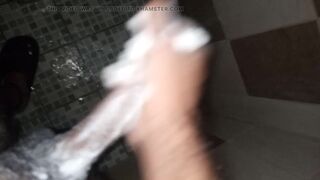 Breast pump boy2 takes his time in the shower with a while waiting outside the bathroom