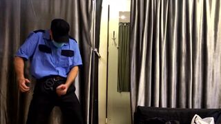 The guard checks the guy and jerks off the store