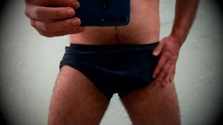 Hairy taking off his underwear and showing himself to you.