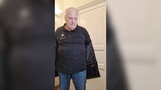 Horny old shaved man strip