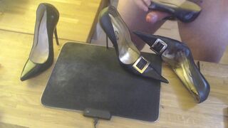 A guy masturbates with a high heel and cums on two pairs high heels - 5 image