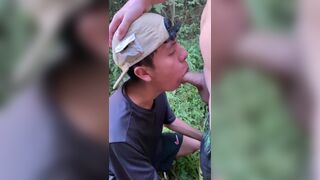 Two inexperienced twinks cumming in the woods outdoors