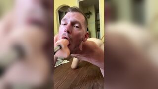 Faggot gags and spits on deep throat fuck machine dildo