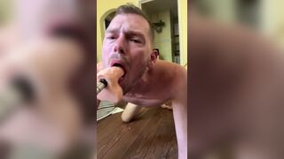 Faggot gags and spits on deep throat fuck machine dildo