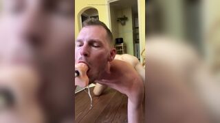 Faggot gags and spits on deep throat fuck machine dildo