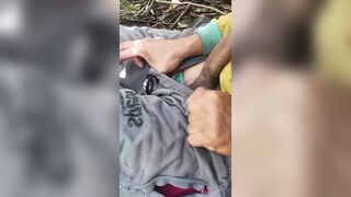 Adults are shaking under palm trees