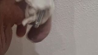 Close up of limp banded cock masturbation until cum or orgasm contractions, tight banding with hose clamp