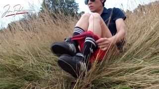 Asian Gay Twink Have Fun Outdoor with a Plug in His Delicate Ass Hole and Cums on His Polo Shirt and Arm