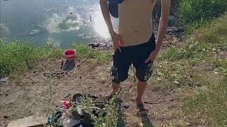 Guy jerking off in nature and fishing
