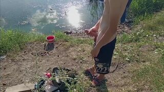 Guy jerking off in nature and fishing