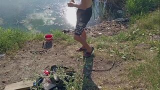 Guy jerking off in nature and fishing