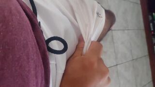 massage my cock using white shorts, maybe you can see the head of my cock